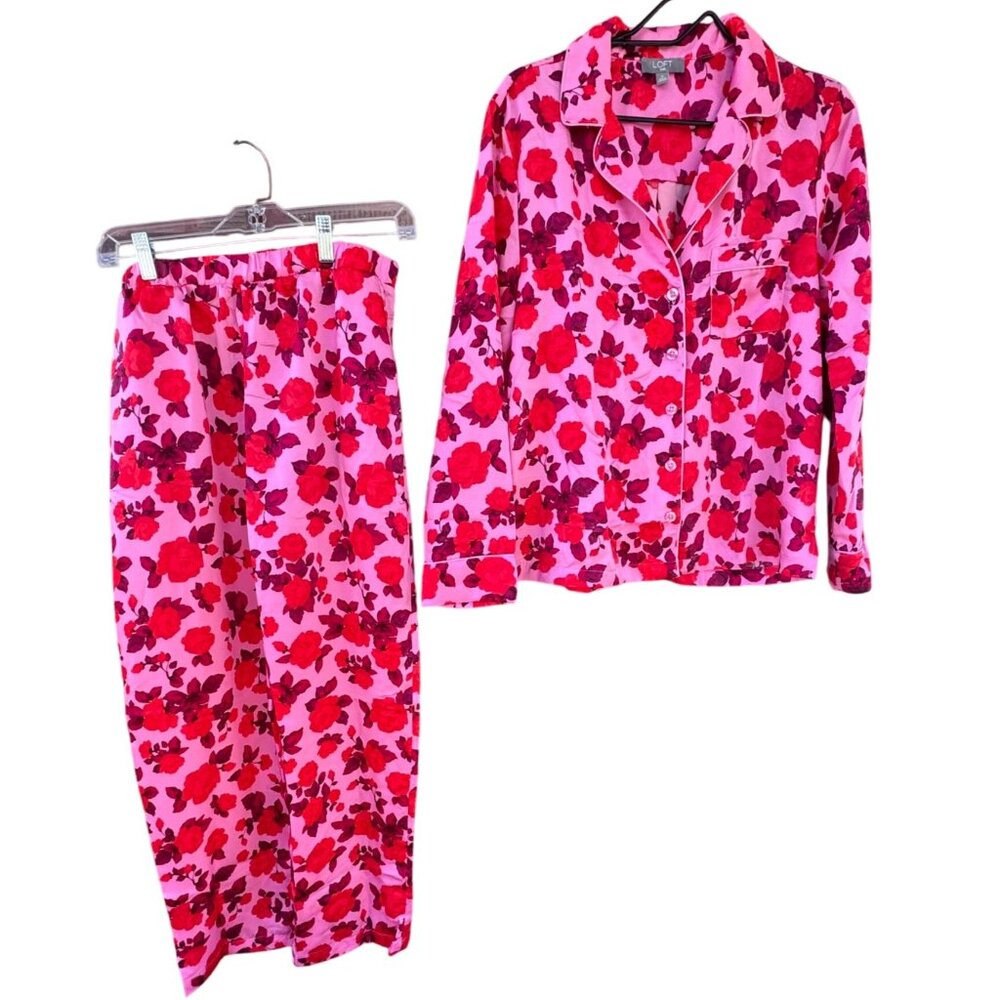 Loft Womens Pink & Red Floral Pajama Set Size M - Button-Up Top & Elastic Waist